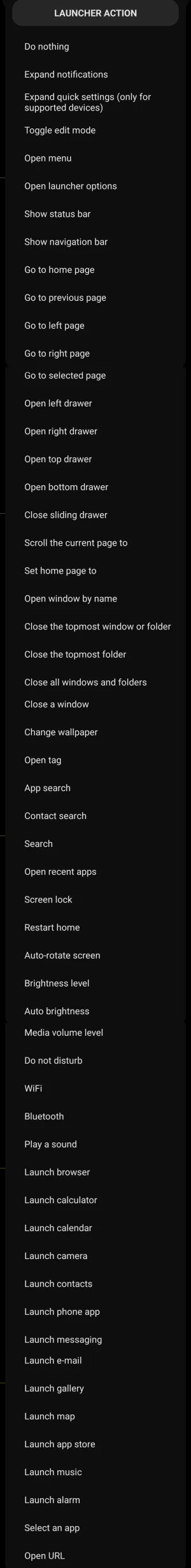 Launcher Action selection menu